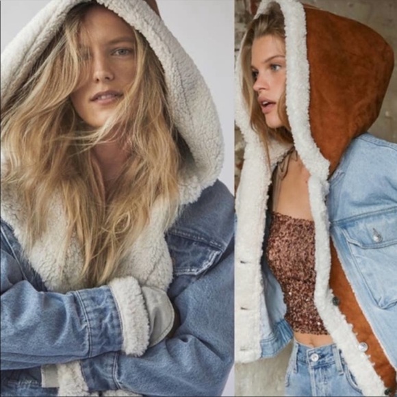 Free People Perry Hooded Lined Sherpa Denim Jacket. NWT